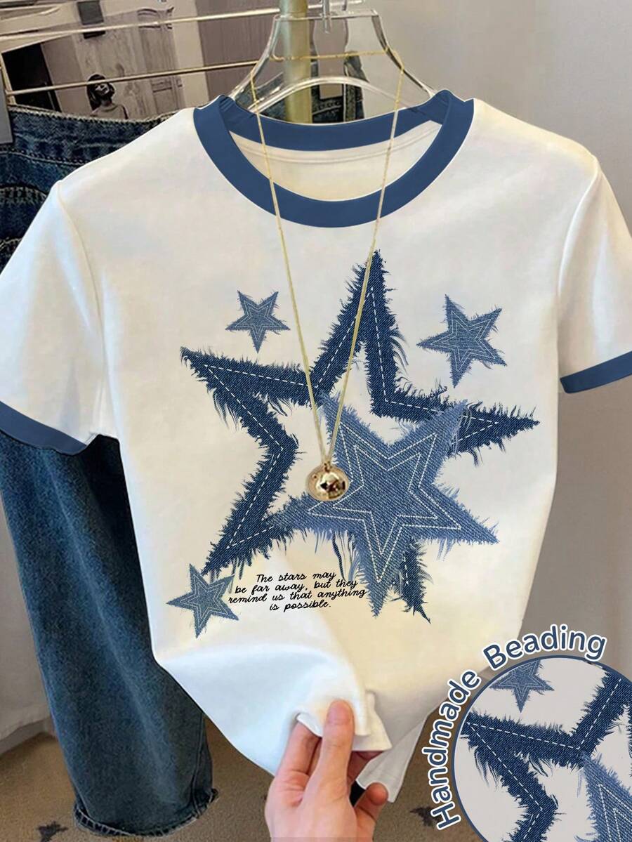 SHEIN 女童星星印花宽松休闲撞色条纹圆领T恤,适合夏季、日常穿着、返校季、与姐妹装、度假穿着。蓝色星星图案T恤,女童星星T恤 - 彩色 - 查看 1