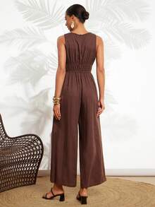 Gownix Women's Brown And Gold Summer Casual Vacation Holiday Jumpsuit,V-Neck Spaghetti Strap Sleeveless Wood Button Wide Leg Boho Romper,Ruched Playsuits - Brown - View 11