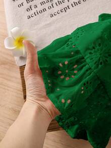 SHEIN LMoss Kids 女宝宝可爱夏季度假百搭白色刺绣蝴蝶结吊带背心 - 綠色 - 查看 8
