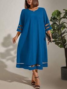 EMERY ROSE Plus Size Loose Mesh Splice Casual Dress Maxi Women Outfit - Blue - View 5