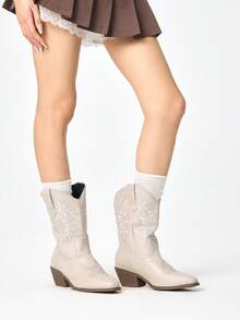 ROMWE Fairycore Women's White Western Boots, Pointed Toe Chunky Heel V-Cut Leather Boots, Low Heel Embroidered Knee-High Boots And Ankle Boots Y2K 2000s Style - Off-white + white embroidery - View 2