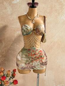 Soleia 浪漫热带印花镂空露背迷你连衣裙，性感度假装，适合海滩、邮轮、派对、音乐节、波西米亚风、嬉皮风、西部风、狂欢节、圣帕特里克节等场合。 - 白色 - 查看 8