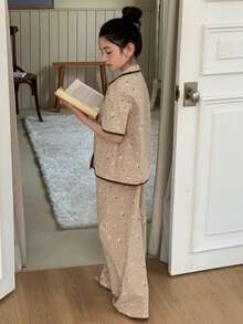 Dazy Kids Quần áo mặc nhà thoải mái cho bé gái tuổi teen mùa thu hè - Màu Khaki - Xem 5