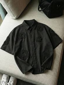 AXEPEAK Men's Fashion Simple 3D Floral Textured Solid Color Button-Down Short Sleeve Shirt - Black - View 7