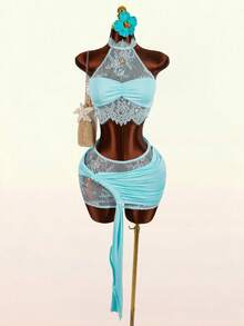 Amplova Women's Lace Halter Backless 2-Piece Set,Baby Blue Elegant Mini Skirt And Top,Cup Details Summer Bikini Set With Cover Up,Perfect For Party - Baby Blue - View 6