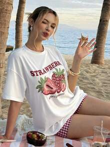 MainGRL Strawberry Print T-Shirt & Plaid Shorts Casual Loungewear Set - Red - View 6