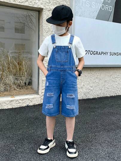 Tween Boy Fashion Casual Vintage Cool Street Cut Out Ripped Frayed Loose And Comfortable Blue Hole-Front Drawstring Denim Shorts For Kids Clothes Tween Boy Dailywear And Kids Spring To Summer Rave Outfits Festival And Outfits Streetwear Clothes