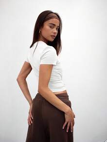 MUSERA ESSENTIALS Capped Sleeve Snatched T-Shirt Casual Capsule Wardrobe Everyday Airport Holiday Back To School Winter Elegant Spring Summer - White - View 3