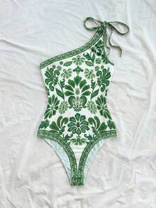 Soleia 新款度假针织印花不对称肩部蝴蝶结连体衣（女款） - 綠色 - 查看 6