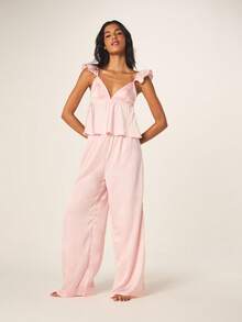 MISSGUIDED Women's Pink Ruffle Sleeveless V-Neck Cami Top With Wide Leg Palazzo Pants Pajama Set Sleep Loungewear For Spring Summer - Pink - View 3