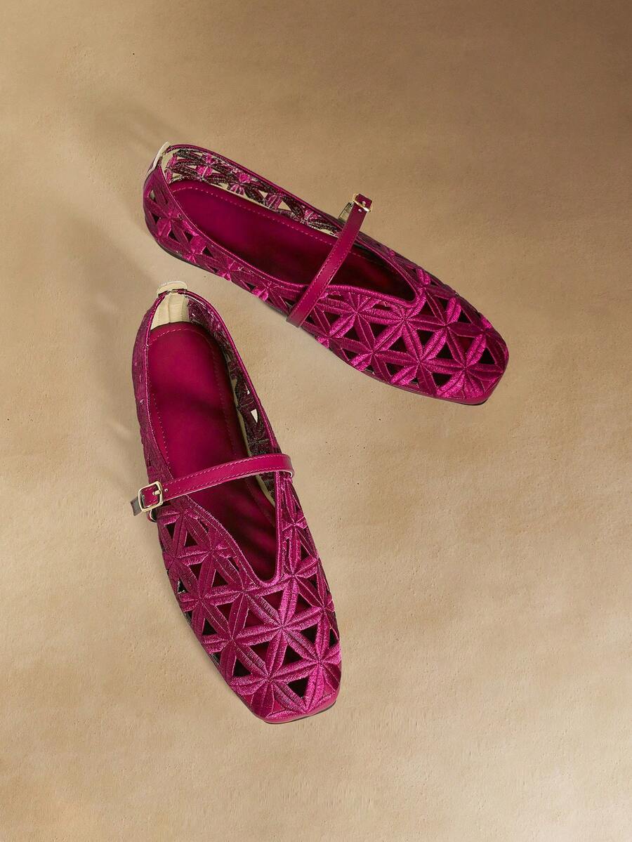 Women's Buckle Design Hollow-Out Casual Slip-On Loafers - Hot Pink - View 1