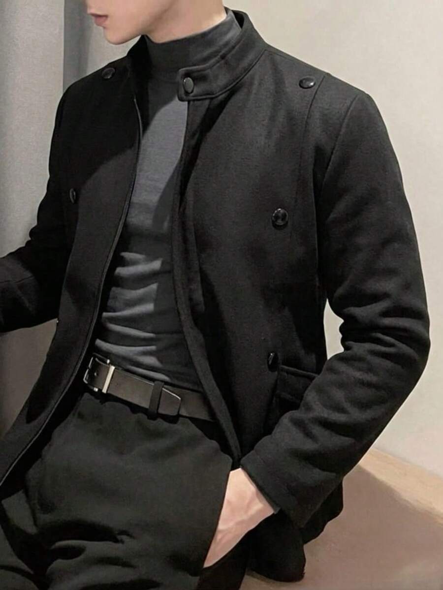 Abrigo De Paño para Caballero con Cuello estilo Mao - Negro - Ver 1