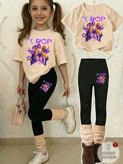 KPOP Girl Graphic Print Short Sleeve T-Shirt And Leggings Casual Outfit