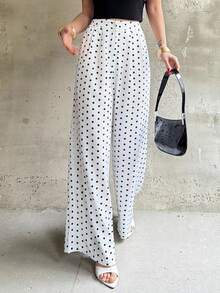 Firerie Women's Elegant Minimalist Daily Casual Commute Home Pants, White & Black Polka Dot Mid-Waist Loose Wide Leg Trousers, Casual Vacation, Teacher Black And White Pants Palazzo Pants Women Wide Leg Summer Pants - Black and White - View 2