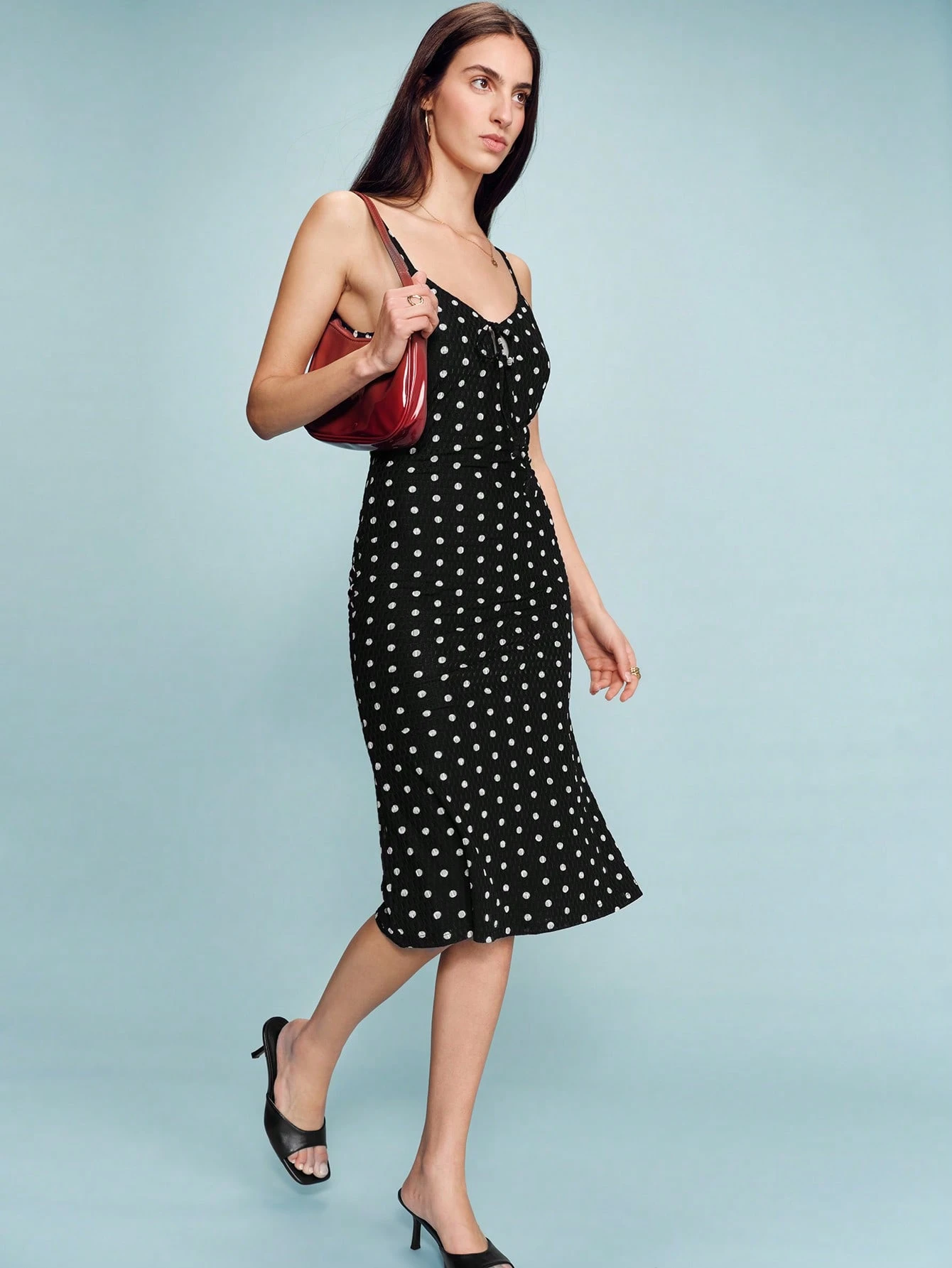 Black Polka Dot Print Fitted Stretch Midi Dress With Tie Front Detail Delicate Straps And Feminine Cute Spring Summer French Style Parisian Style