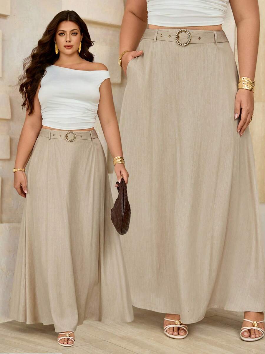 Roveilla 大码女式杏色蕾丝仿牛仔腰带，弹性腰带，可调节金属扣A字中长裙，优雅法式浪漫复古风，适合办公室通勤、商务休闲、海滩度假等场合，简约百搭，春夏新款 - 杏色 - 查看 1