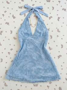 Elamini Embroidered Floral V-Neck Mini Dress, Light Blue, Vacation/Summer - Baby Blue - View 1