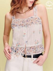 lacRébo Bohemian Floral Print Sleeveless Top With Ruffle Hem And Lace Straps Going Out Spring Summer Vacation Top French Style Parisian Style - White - View 1