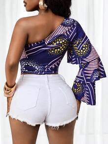 BamGleam 不规则花卉印花单肩衬衫，藏蓝色底，饰以粉紫色几何波点图案，不对称喇叭袖，短款修身衬衫 - 彩色 - 查看 7