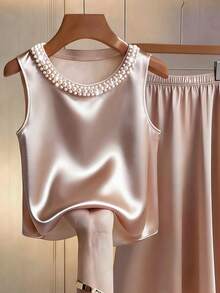 SHEIN Franclia Women's Light Champagne Satin 2-Piece Set, Pearl Collar Sleeveless Top And High Waist Midi Skirt, Elegant Mature Style - Champagne - View 4