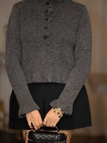 Melissa Matos 分层荷叶边下摆针织开衫，时尚甜美，百搭套头毛衣 - 灰色 - 查看 6