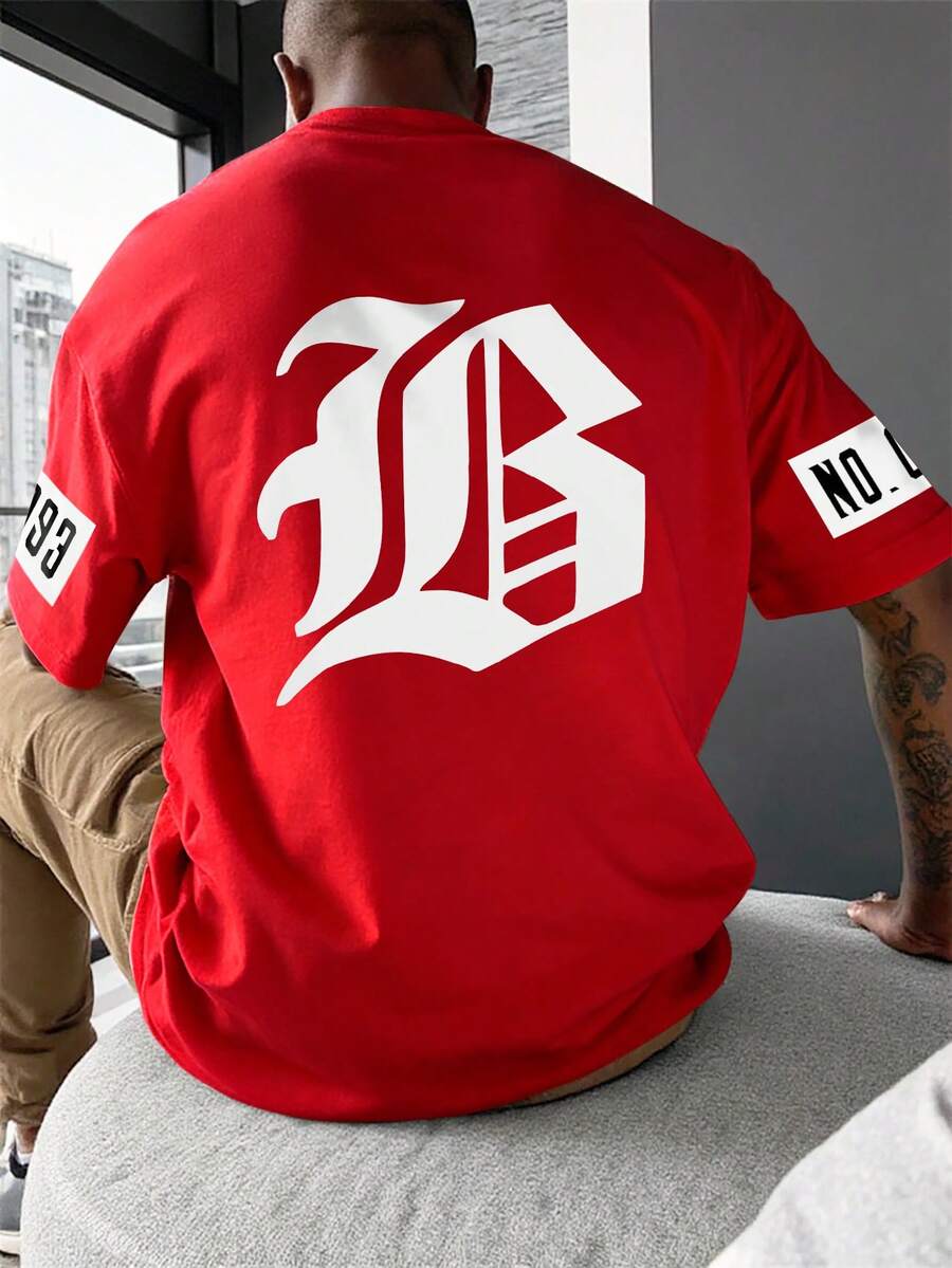 Manfinity EMRG Camiseta de manga corta de cuello redondo casual con estampado de letras para hombre, verano - Rojo - Ver 1