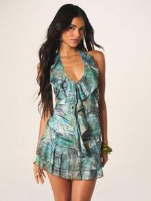 MISSGUIDED 热带棕榈印花露背荷叶边迷你连衣裙，后背系带设计，夏季海滩度假装扮 - 彩色 - 查看 1