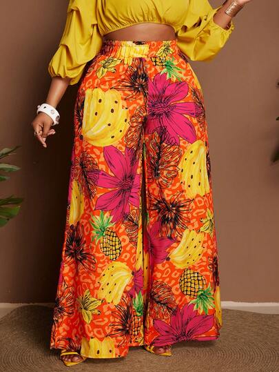 Maweii Plus Size Women's Fashionable Printed Flared Pants, Suitable For Beach Vacation, Dating, Gatherings, Festivals, With Waist Cinching Design, Pockets For Elevated Look, Functional Colorblock Print