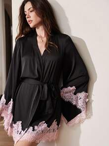 Moireta Women's Contrast Lace Flare Sleeve Elegant Robe - Black - View 3