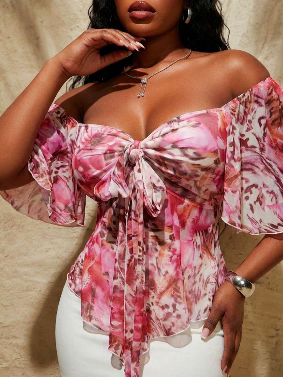 SHEIN SXY Plus Size Pink Floral Print High-Elastic Knit Mesh Blouse Women's Top With Ruffled Neckline And Square Neckline With Tie-Up Pleats.Pink Floral Print High-Elastic Knit Mesh Blouse With Ruffled Neckline And Square Neckline With Tie-Up Pleats.Spring/Summer Casual Vacation Bohemian Elegant Suitable For Everyday Wear, Music Festival, Concert, Carnival Party, Beach Vacation, Date Night, Birthday, Bachelorette Party, Club, Cute, Casual, Shopping, Streetwear, Going Out, Easy To Match & Looks Slim, Tie F - Multicolor - View 1