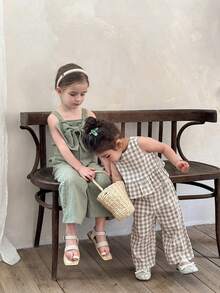 LMoss Kids 女婴格纹荷叶边休闲衬衫和宽松阔腿裤套装 - 灰色 - 查看 5