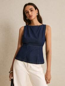 Poéselle Women's Round Neck Sleeveless Backless Denim Top - Dark Wash - View 7