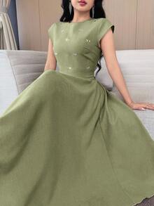 Vestido largo con mangas cortas y decoración de diamante de imitación en verde para mujer - Caqui - Ver 11