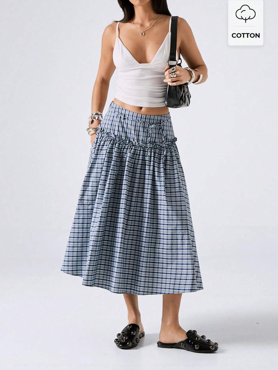 LYSMO 2026 New Arrive Minimalism Spring/Summer Women's Blue Dress Plaid Ruffle Hem Pleated Casual Mini Skirt, Going Out Outfits Ruffle Skirt Peplum Casual Outfit For Women Spring Outfit Women Summer Outfits Streetwear - Navy Blue - View 1