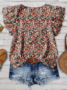 Mellowie 大码女士复古碎花短袖衬衫，适合春夏穿着 - 彩色 - 查看 2