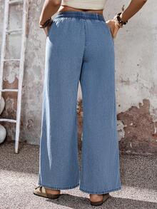 EMERY ROSE Mature Denim 女士度假休闲阔腿牛仔裤，春夏狂欢节服装通勤度假毕业时尚Y2K可爱街头风派对婚礼优雅商务休闲女装阔腿牛仔裤，带弹力抽绳腰带和口袋，抽绳高腰牛仔阔腿裤，春假度假裤，复活节日常裤，舒适通勤牛仔裤，沙滩度假阔腿牛仔裤，自然宽松女式牛仔裤，沙滩度假牛仔裤，百搭春季裤装 - 藍色 - 查看 3