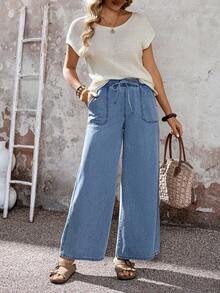 EMERY ROSE Mature Denim 女士度假休闲阔腿牛仔裤，春夏狂欢节服装通勤度假毕业时尚Y2K可爱街头风派对婚礼优雅商务休闲女装阔腿牛仔裤，带弹力抽绳腰带和口袋，抽绳高腰牛仔阔腿裤，春假度假裤，复活节日常裤，舒适通勤牛仔裤，沙滩度假阔腿牛仔裤，自然宽松女式牛仔裤，沙滩度假牛仔裤，百搭春季裤装 - 藍色 - 查看 6