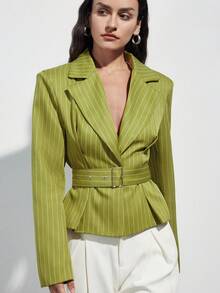 Aveloria Modichic 橄榄绿细条纹女士西装外套，收腰宽肩设计，配有可调节腰带，简约都市时尚风格，通勤休闲皆宜。 - 綠色 - 查看 1