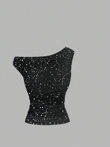 Elenzga Áo thun nữ cỡ lớn chất liệu vải bóng mới, cổ áo bất đối xứng, ôm dáng, đa năng, thích hợp mặc thường ngày, mùa xuân/hè. - màu đen - Xem 4