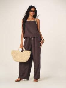 MISSGUIDED Quần ống rộng cạp cao chất liệu giả vải lanh với dây buộc tương phản, kiểu quần palazzo có dây rút, thích hợp cho mùa hè, phong cách thường ngày thoải mái, thoáng khí, nhẹ nhàng và mềm mại. - màu nâu - Xem 3