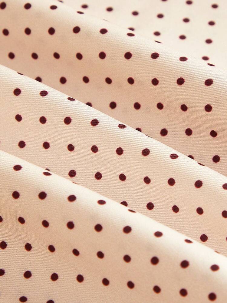 Ecru And Brown Polka Dot V-Neck Maxi Dress With Puff Sleeves Vintage Spring Summer French Style Parisian Style Date Night Dress Satin Midi Dress Silky Dress Women French Style Dress