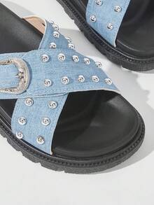 HighSole Sandal đế bằng dày dặn, thoải mái màu đen dành cho nữ, thích hợp mang hàng ngày. - Màu xanh lam - Xem 4