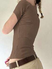 Cévolie 女士撞色条纹短袖修身T恤 - 摩卡棕 - 查看 2