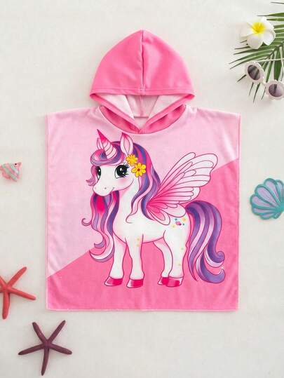 SHEIN 女婴彩色独角兽印花泳衣，可爱数码印花沙滩装，时尚休闲夏季泳装罩衫