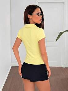 SHEIN EZwear Pale Yellow Ruched Fitted Short Sleeve T-Shirt,Summer Top - Light Yellow - View 2