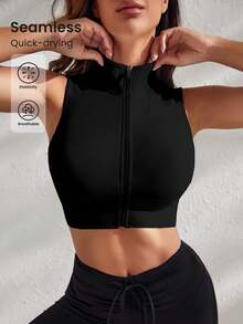 Easithlete Top corto de deportes con cierre tipo cremallera, camiseta ajustada para hacer ejercicio - Negro - Ver 3