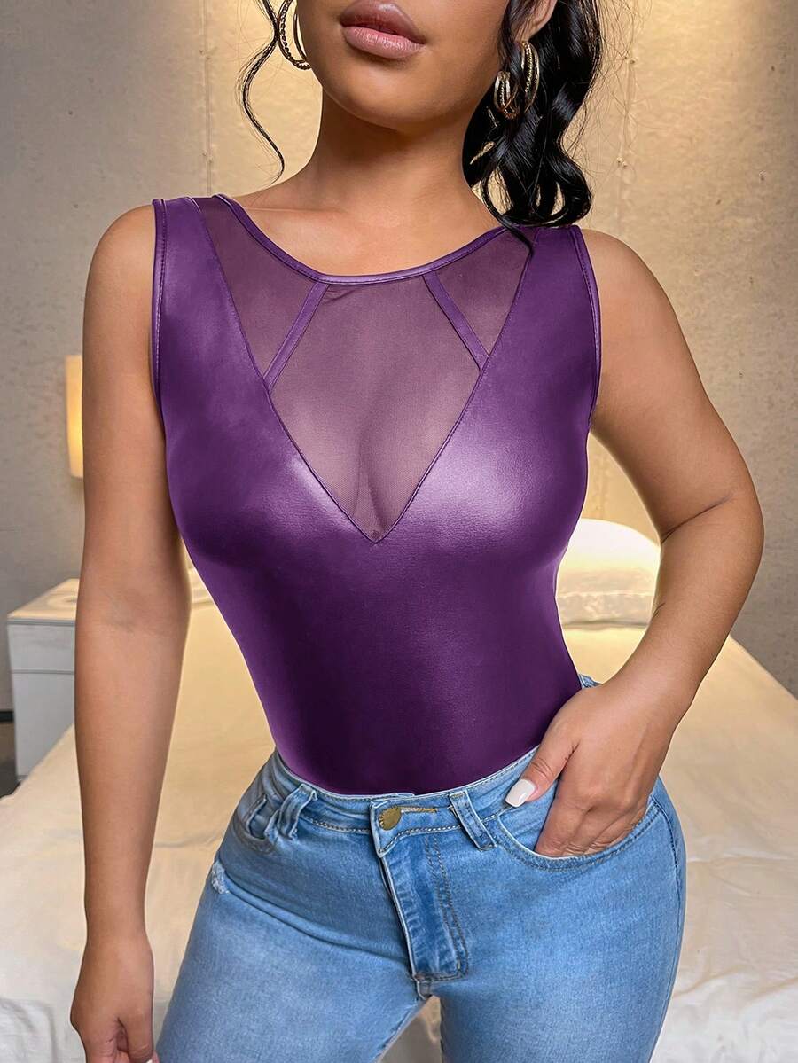 SHEIN SXY Elastic Leather Contrast Mesh Women Tank Top - Purple - View 1