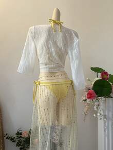 SuriyaCove Women's Spring/Summer Beach Vacation Textured Fabric Front Twist Cropped Top - Beige - View 2