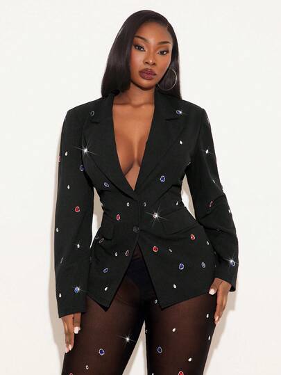 Radiana Plus Size Women's Fall & Winter,Spring&Summer Elegant Rhinestones Embellished Blazer Suitable For High Street Style,Valentine's Day, Vintage,Music Festival,Concert