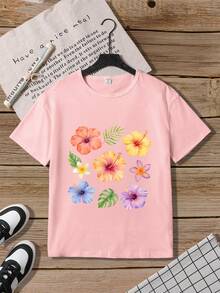 少女三件套贝壳花卉印花短袖套装，休闲舒适，适合春夏穿着，时尚百搭，适合户外活动、野餐、街头摄影、居家、上学、节日庆典等场合，也是馈赠佳品。 - 彩色 - 查看 5